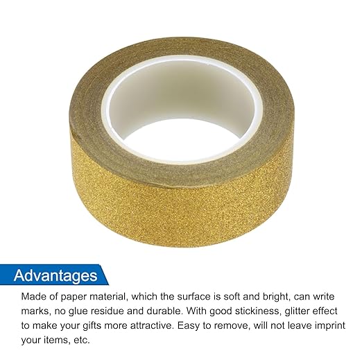 MECCANIXITY 8 Pcs 0.6 Inch x 11 Yards Glitter Washi Tape Gold Crafting Tape Glitter Masking Tape Decorative Tape Self Adhesive Stick for Festival Decoration Scrapbooking,Planner,DIY