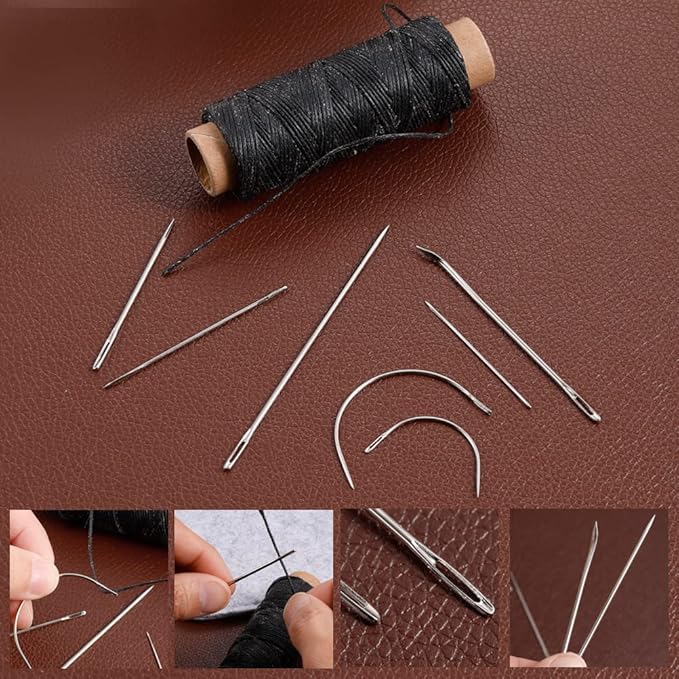 55Yards Waxed Thread with 7 Pcs Leather Needles for Hand Sewing 150D Flat Sewing Waxed Thread Leather Repair Needles for Women Sewing Upholstery Leather Canvas Bags Sofa Furniture