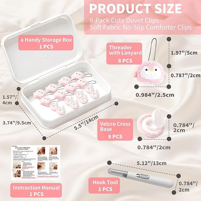 8 Pcs Duvet Clips with Pins Quilt Fixer,Non-Slip Duvet Cover Clips,Duvet Clips to Hold Comforter Inside,No Needles，Penguin Pattern(Inc Hook Tool,Storage Box)(Pink)
