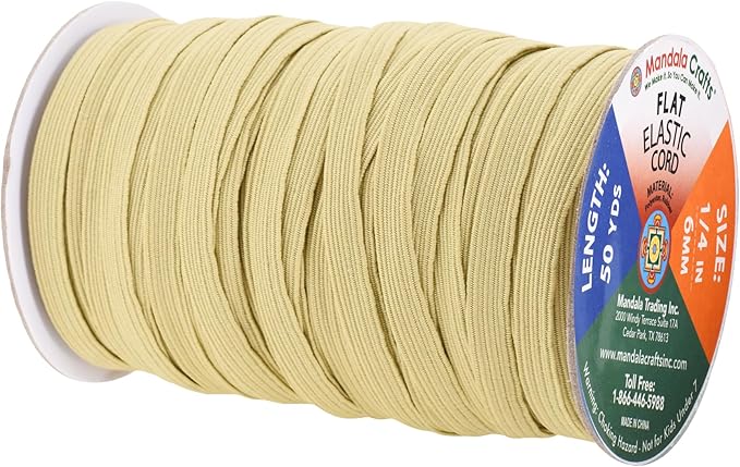 Mandala Crafts 6mm 50 Yds Roll of Beige Elastic Bands for Sewing - 1/4 Flat Elastics Cord - 1 4 Inch Braided Stretch Straps for Crafting