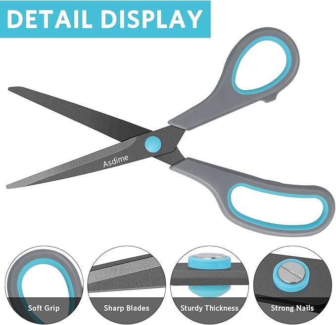 Teflon Coating Scissors, Stainless Steel Blades, Soft Grip Handle, Suitable for Households,Offices and Schools, All Purpose, Blue/Grey, 21.5 cm
