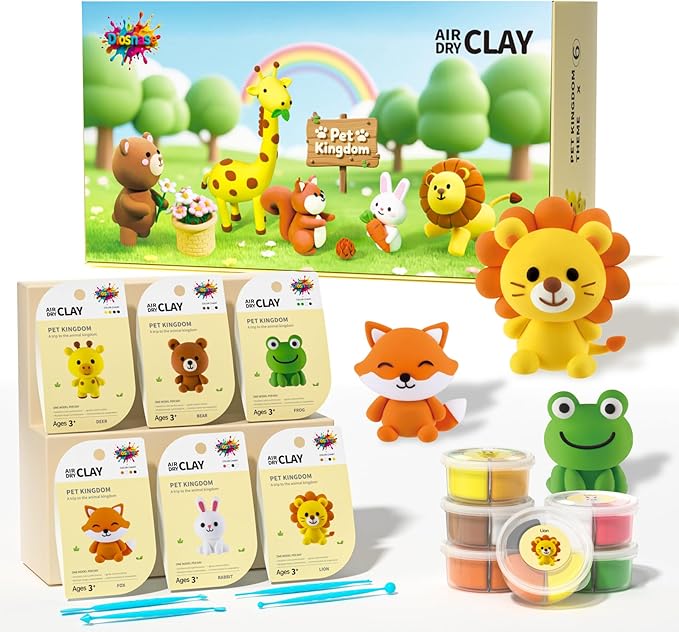 Air Dry Clay for Kids - 6 Animal Themed Modeling Clay Kit, Model Magic Clay with Sculpting Tools and Tutorials, Ultra Light & Soft, Non-Toxic & Safe, DIY Arts and Crafts School Projects for Kids