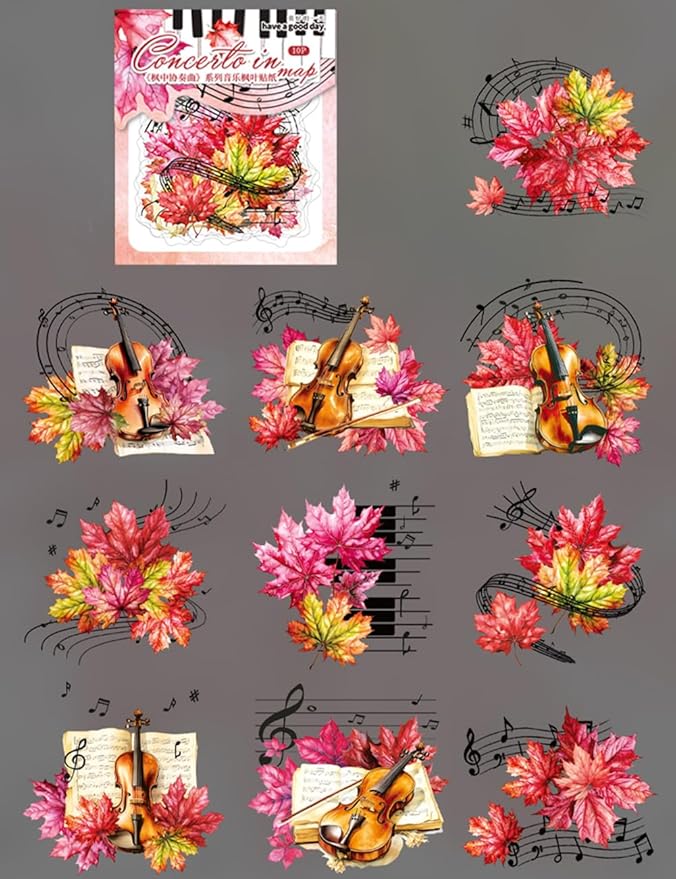 MAFELOE Scrapbook Stickers of 10 Pieces, PET Aesthetic Deco Stickers Journaling Supplies for Junk Bullet Bottles Laptop- Maple Leaf&Music Series-B