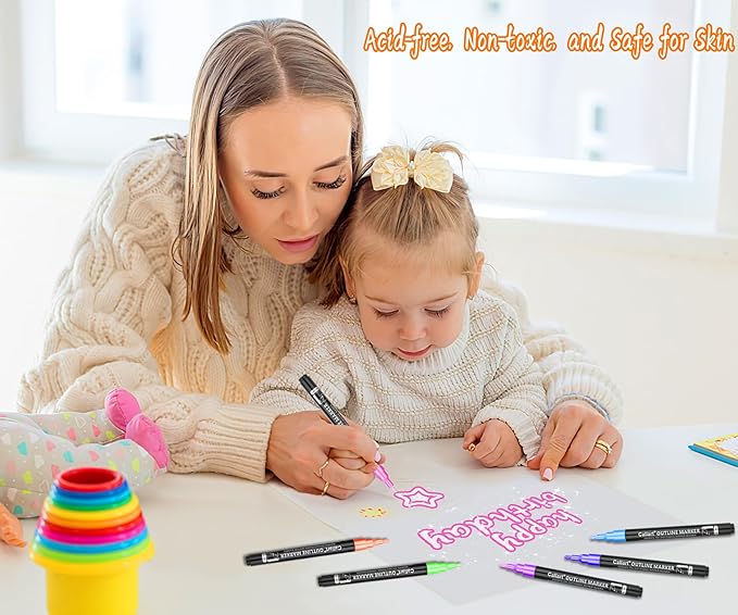 Caliart 24 Colors Outline Markers Shimmer Glitter Pens, Doodling Marker Set for Kids Teen Girls Adults, Birthday Gifts Trendy Stuff, Cool Fun Craft Drawing Art Supplies