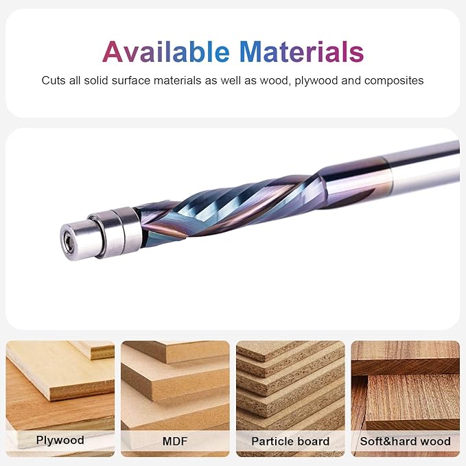 SpeTool Compression Flush Trim Router Bit 1/4 Shank, Up & Down Solid Carbide Pattern Template Router Bit 1-1/8 Inch Cutting Length with Bottom Bearing for Woodworking Trimming