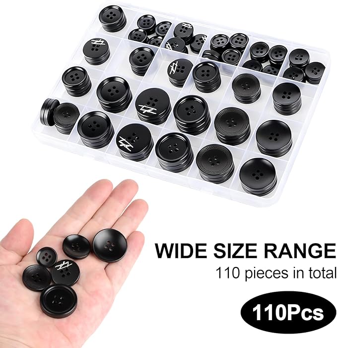 110Pcs Black Mixed Sewing Buttons, 4-Hole Craft Round Blazer Buttons, 5 Color 3 Size (15mm, 20mm, 25mm) Suit Coats Resin Button, Suitable for Variety Clothing Sewing, DIY Craft (Black)