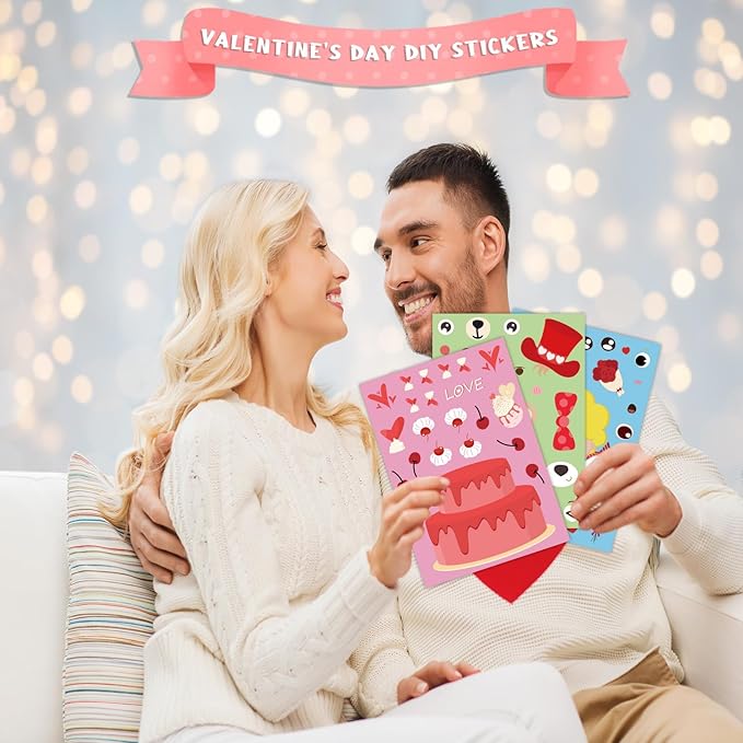 XZENTIRA 32 PCS Valentines Day DIY Stickers 8 Designs Holiday Stickers for DIY Valentines Day Crafts Party Gifts Galentines Decorations