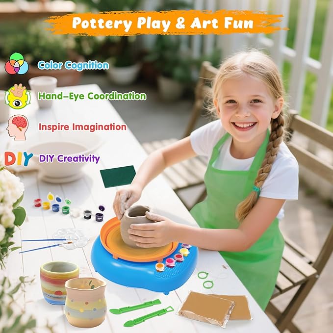 TingingYuli Pottery Wheel for Kids,Complete Pottery Kit and Tools for Beginners,Arts and Crafts Toys for Kids Ages 8-12,Art Supplies Birthday Gifts for Boy Girl Age 6 7 8 9 10 11 12 (Yellow/Blue)