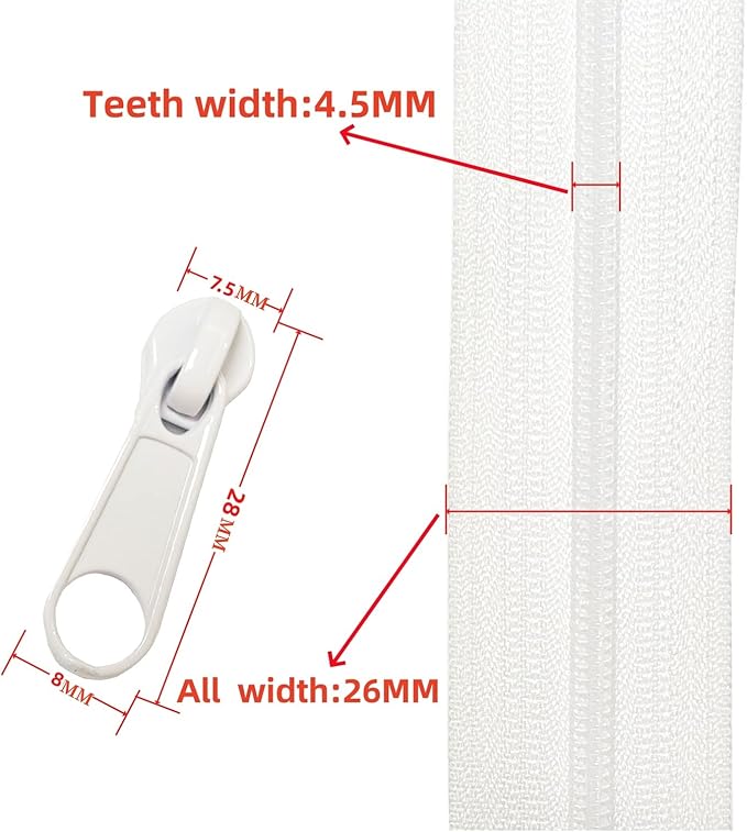 MebuZip #3 Nylon Coil Zippers by The Yard Bulk Zipper Roll Zipper Tape 10 Yards with 25pcs Pulls for Sewing Tailor DIY Craft Bags Pillows (White 10Yards)