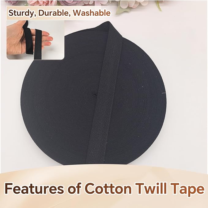 Black Herringbone Twill Tape 3/4 inch for Sewing,Ties,Gift Wrapping Home Deco -40 Yards Natural Cotton Webbing Straps-Bias Binding Tape for Handles, Crafting & DIY Projects