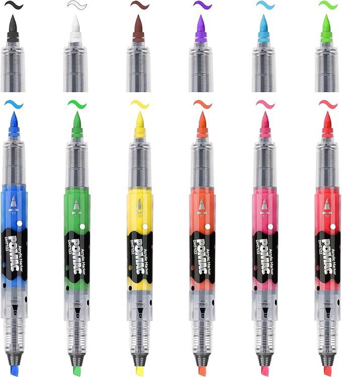 POMAC Dual Tip Acrylic Paint Markers Pens 12 Assorted Colors, Direct Liquid Acrylic Marker with Brush & Chisel Tip, Water-Based Paint Marker for Fabric, Canvas, Rock, Glass, Wood, Crafts, Art Supplies