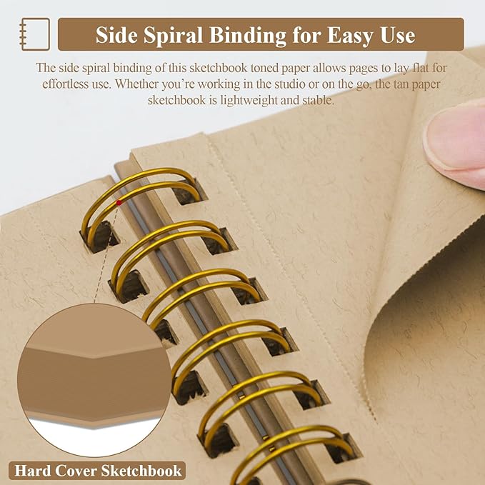 SuFly Toned Paper Sketch Book, 11x14 Inches, 60 Sheets - 90lb/150gsm Toned Tan Paper for Mixed Media, Charcoal, Graphite, Colored Pencils & White Gel Pens, 100% Recycled, Wire-O Bound.