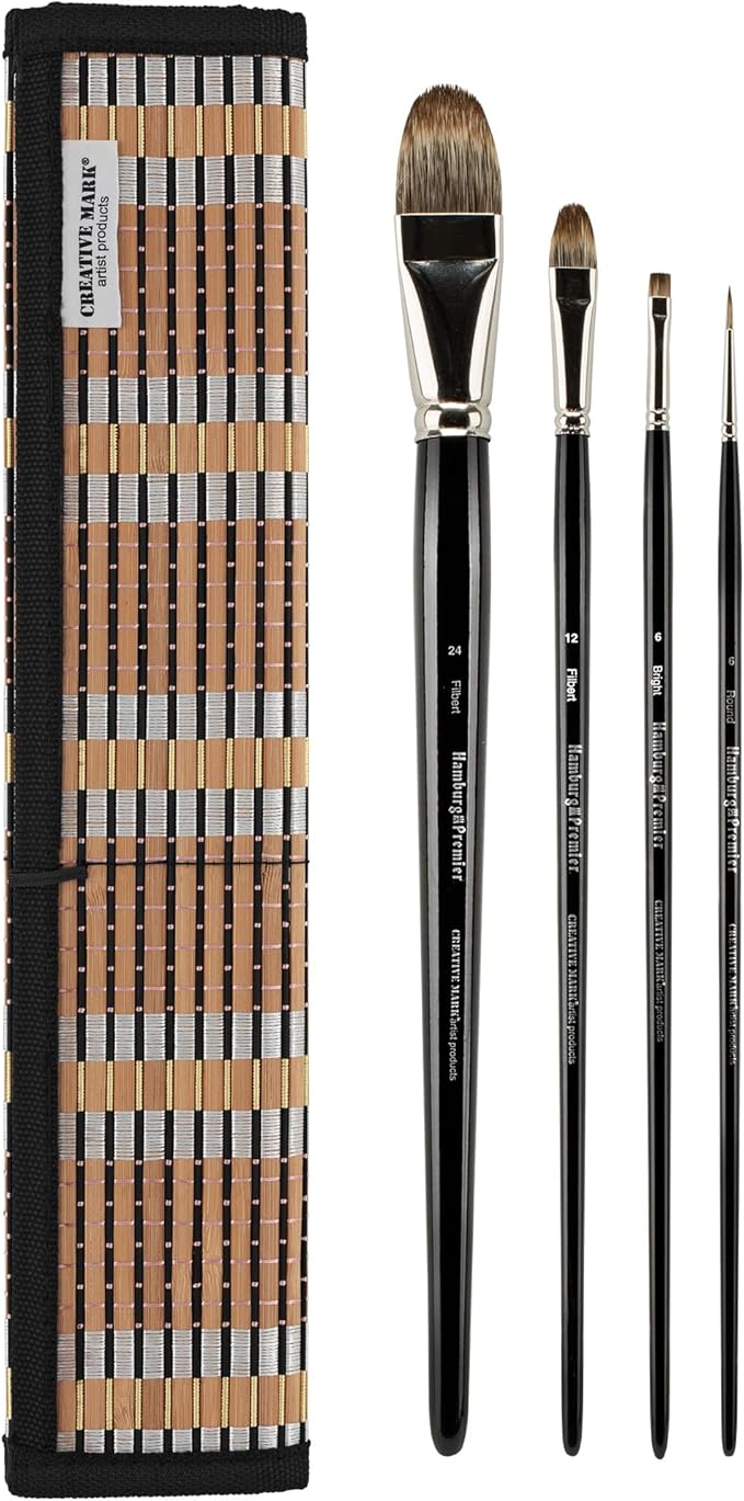 Creative Mark Hamburg Premiere Professional Oil Painting Brushes - Large Asst Set of 5 Handmade Oil Paint Brushes w/ #24 Filbert - Natural & Synthetic Blend, Long Triple-Lacquered Birch Handle