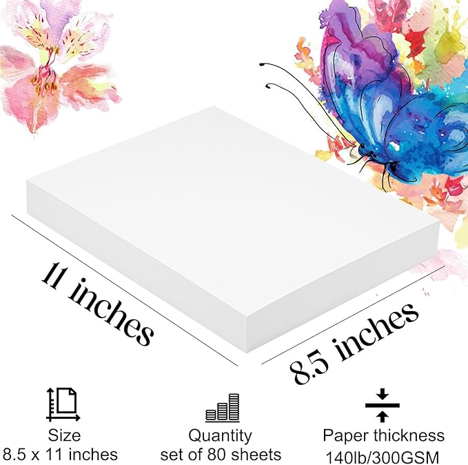 Watercolor Paper 8.5x11 inches 80 Sheets,Heavyweight Artist Paper 140lb/300GSM Cold Press Natural Cotton Paper for Students Artists Watercolor Drawing