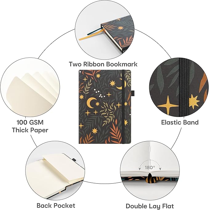&And Per Se Dotted Journal Notebook for Women&Men with Pattern, A5 Leather Hardcover, 160 Pages 100GSM Thick Dotted Paper, 3 Sheets of Stickers Included, 5.7'' x 8'' (Lunar Leaf)