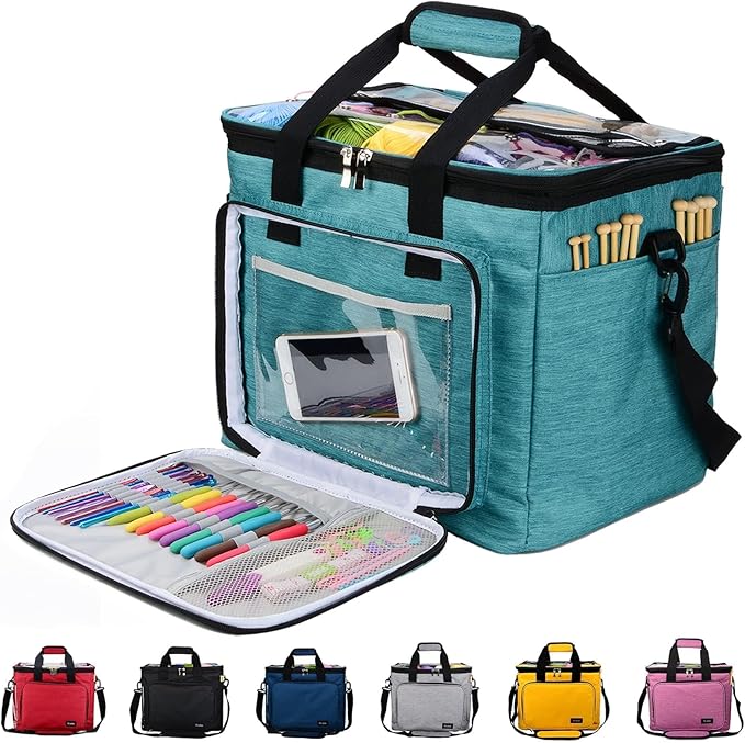 Hoshin Knitting Bag for Yarn Storage, High Capacity Yarn Totes Organizer with Inner Divider Portable for Carrying Project, Knitting Needles(up to 14”), Crochet Hooks, Skeins of Yarn (Green)