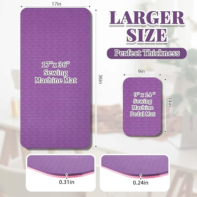 2 Pcs Sewing Machine Muffling Mat Pedal Sewing Mat Reduce Vibrations Noise No Slip Machine Accessories for Quilting(17" X 36" and 9" X 14",Pink Purple)