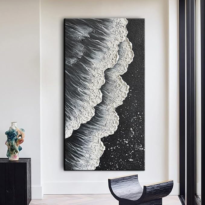 YaSheng Art - Oil Painting on Canvas Texture Black and White Ocean scenery sandbeach 3D Oil Painting Hand-Painted Abstract Artwork Paintings Modern Home Decor Living room sofa bedroom dining room hanging pictures Canvas Wall Art 24x48inch