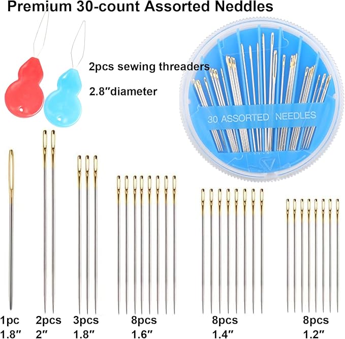 Eketirry Premium Hand Sewing Needles，4 Pack 30-Count Assorted Needles for Sewing Repair, 6 Different Sizes Sewing Needles with 2 Threaders (Blue, 4)