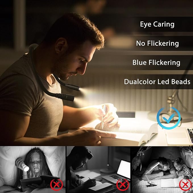 LUXJET Book Light for Reading and Crocheting Rechargeable Neck Light for Knitting and Repairing, Eye-Friendly Neck Reading Light with 3 Colours and Dimmable Brightness