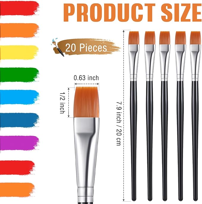 Zonon 20 Pcs Flat Paint Brushes Acrylic Painting Craft Accessories Classroom Prizes Gifts Small Watercolor Paint Brushes Bulk for Adult Artist Detail Oil Canvas Face(1/2 Inch,Black)