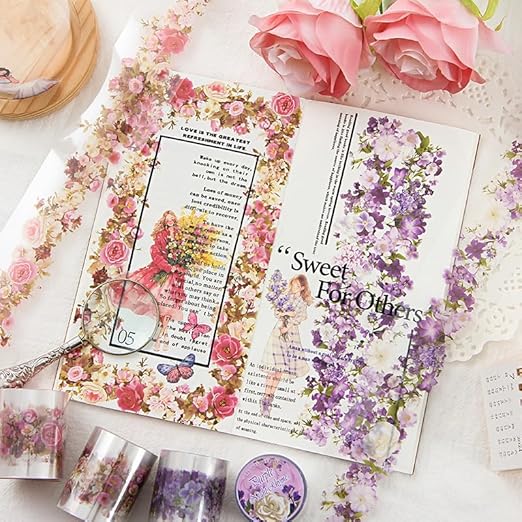 Alideco 6pcs Decorative Adhesive Tapes Fresh Literary Girl Botanical Flower Landscape PET Tape Great for Bullet Journal Supplies, Arts, Scrapbook, DIY Crafts, Planners (menghuaxianzong)