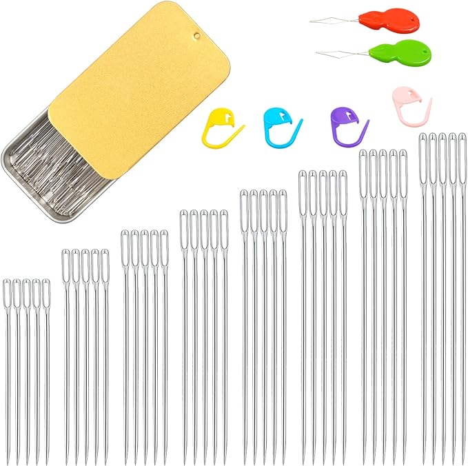 40PCS Large Eye Sewing Needles - 8 Sizes Hand Sewing Sharp, Embroidery, Leather, Stainless Steel Yarn With Threaders & Stitch Markers (Golden)
