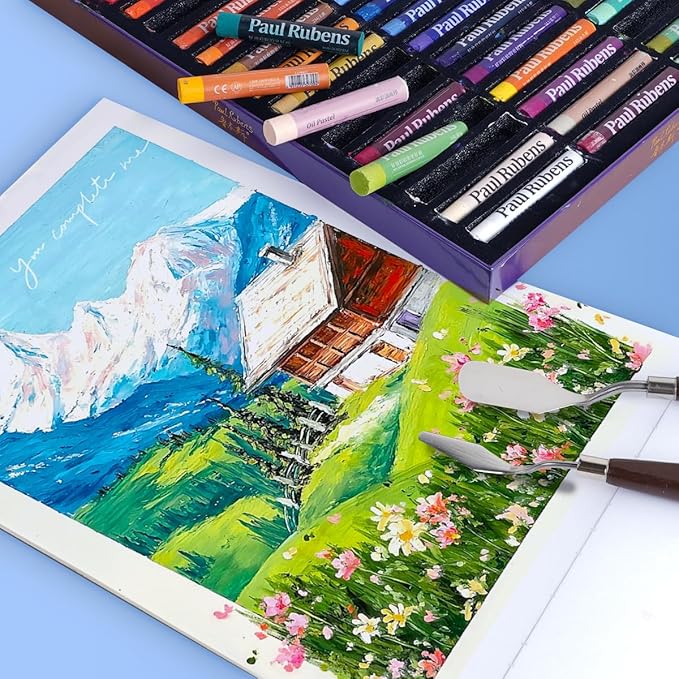 Paul Rubens Oil Pastels Set with 50 Colors Artist Soft Oil Pastels+6 Pcs White Oil Pastels+8.7 x 11.7 Inches Oil Pastel Book（30 Sheets）+5 Palette Knives for Artists, Professionals, Student, Hobbyist