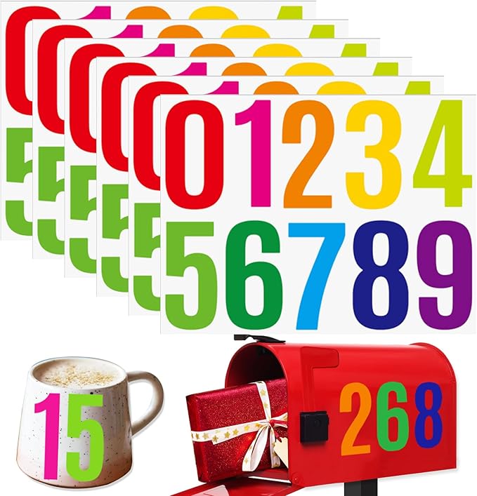 6 Sheets 4 Inch Mailbox Numbers Stickers Vinyl Decals,Self Adhesive Number Waterproof Large House Address Numbers for Outside Mailbox,Sign,Window,DIY Crafts,Door,Car,Home,Business(Multicolor)