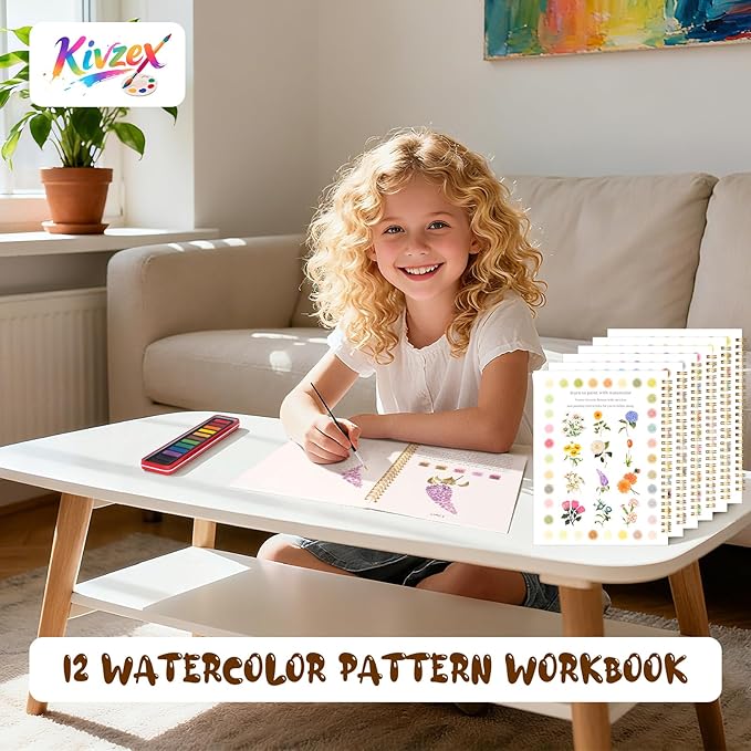 Kivzex Watercolor Workbook for Adults, Beginner Friendly Watercolor Painting Kit Flowers Water Coloring Book, Nature-Themed Practice Art Gift Water Color Paint Book with Palette and Brush