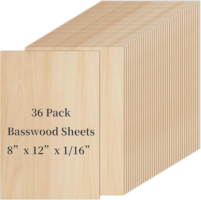 36 PCS Basswood Plywood Unfinished Wood Craft of 8 X 12 X 1/16 Inch, Suitable for DIY Decorations, Model Carving, Wood Carving, Architectural Models and Painting