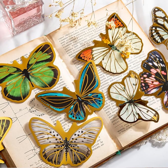 80-Piece Large Vintage Gold Foil Butterfly Scrapbook Sticker Pack - Transparent Waterproof Realistic Butterfly Stickers for Art Crafts, Journals, Planners, Scrapbooks, Laptops