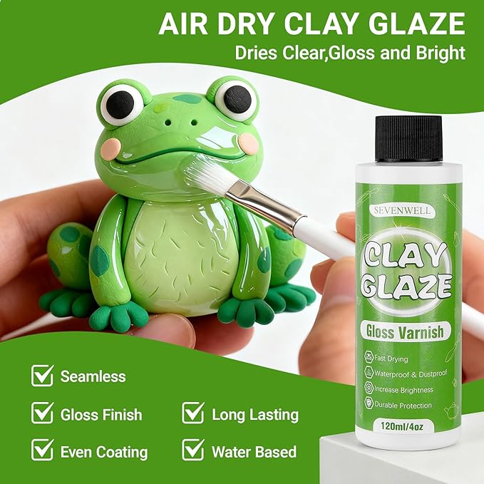 SEVENWELL 240ml Air Dry Clay Glaze, Gloss Clay Varnish Prevent Clay from Surface Wear, Cracking, Scratches, Sealer for Air Dry Clay, Polymer Clay, ResinCrete, Pottery, Acrylic Paint