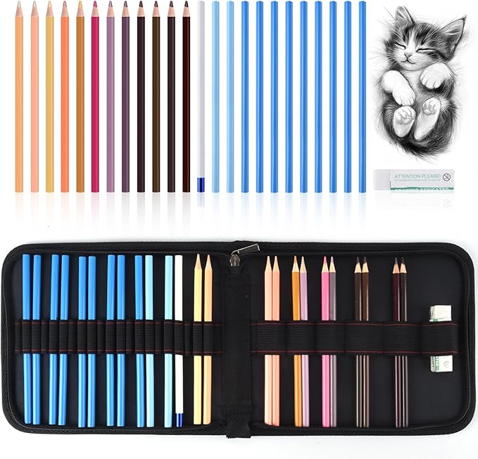 Mifuner Professional Drawing Set, 12 Colored Pencils & 12 Graphite Pencils with Eraser & Case, Art Supplies for Sketching Shading Blending, Gifts for Artists Adults Beginners.Skin Black
