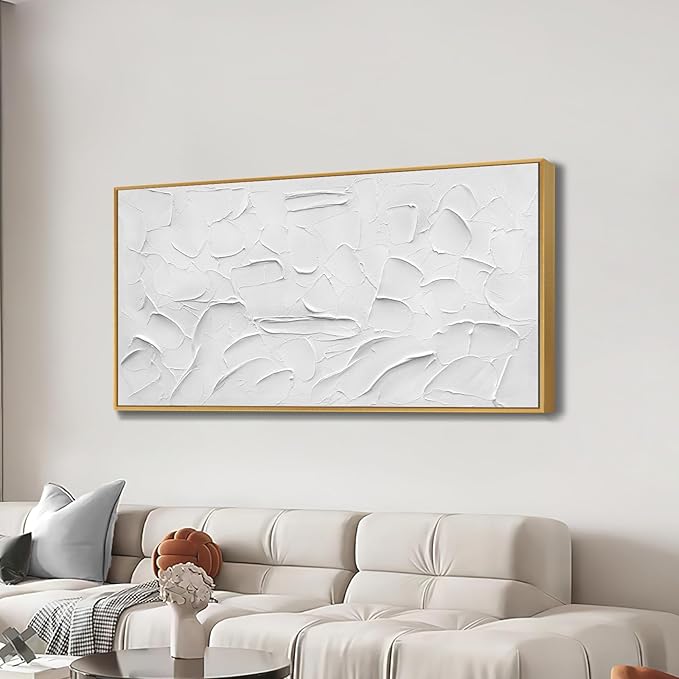 Large Size Hand-Painted Oil Painting on Canvas Gold Frame White Textured Wall Art Abstract Minimalist 3d Artwork Neutral Picture Home Wall Decor for Living Room Bedroom Office Ready to Hang 48x24inch