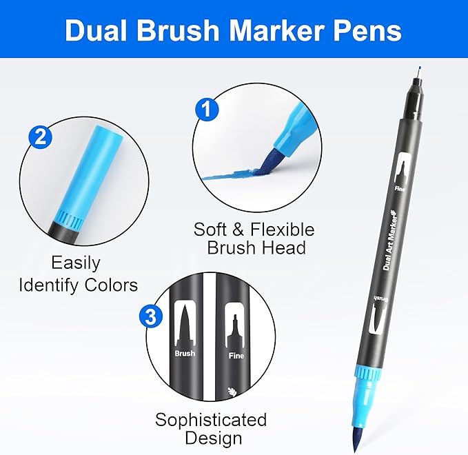Dual Brush Marker Pens, 24 Colors Art Markers with Fine and Brush Tip Coloring Markers for Adults, Marker for Journaling Calligraphy Drawing Sketching Doodling Illustrating