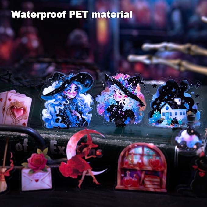 200Pcs Magic Witch PET Sticker Set, Fantasy Witchcore Scrapbook Stickers for Journaling, DIY Crafts, Planner & Collage Decoration in Tin Box