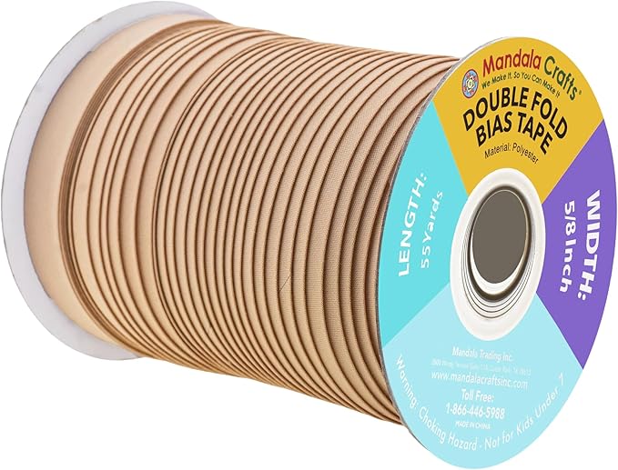 Mandala Crafts 55 Yards 5/8 Inch Khaki Double Fold Bias Tape for Sewing - Bias Binding Tape for Quilting Binding, Hemming, Seam, and Fabric Piping