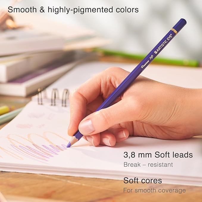 ARTISTIC EYE Premium Colored Pencils | Set of 48, Quality 3.8mm Soft Core Leads, Rich & Vibrant Colors, Blendable, Perfect for Beginner & Advanced Artists