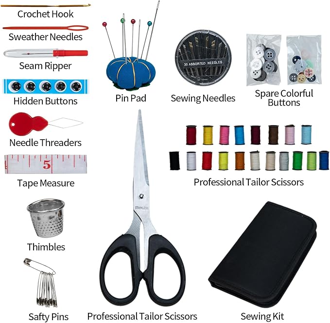 Sewing Kit for Adults, Needle Thread Kit for Sewing, Sewing Supplies Accessories with Tailor Scissors, Thread spools, Bracelet Pin Cushions, Thimble, 30 Needles, Emergency DIY Home Button Repair Kit