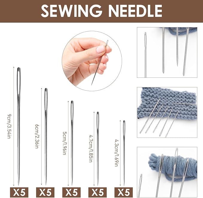 Eliongpu 72Pcs Big Eye Steel Sewing Needles Kit, Stainless Steel Sewing Tool Set, Portable DIY Hand Made Craft Set Threader and Needle Repair Kit for Beginners Hand Sewing