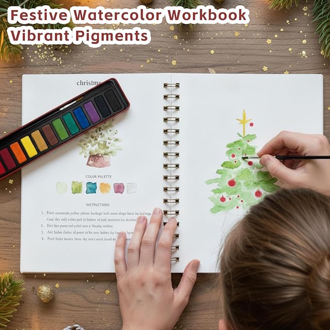 Watercolor Workbooks, Beginner Watercolor Painting Kit – 12 Colors Paint Set with Brush – Perfect for Gifting to Spark Creativity & Joy for Adults (Christmas)