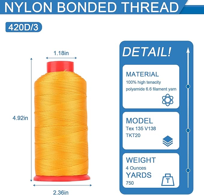Heavy Duty Bonded Nylon 66 Sewing Thread 420D/3 T135#138 750 Yards for Canvas Furniture Upholstery Leather Goods Leather Footwear Outdoors(509, 420D/3)
