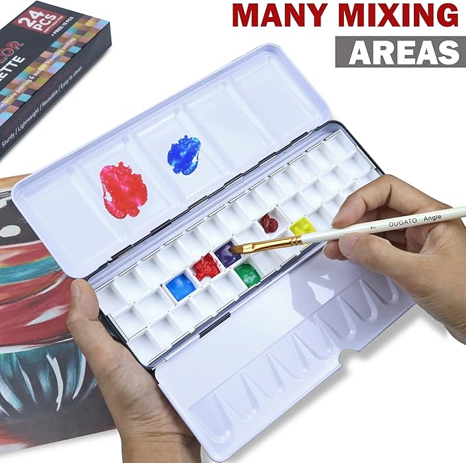 DUGATO Medium Empty Watercolor Palette Tin with Lid - Holds 24 Half Pans (37 Included), 6 Fold-Out Mixing Areas - Metal Travel Box for DIY Art