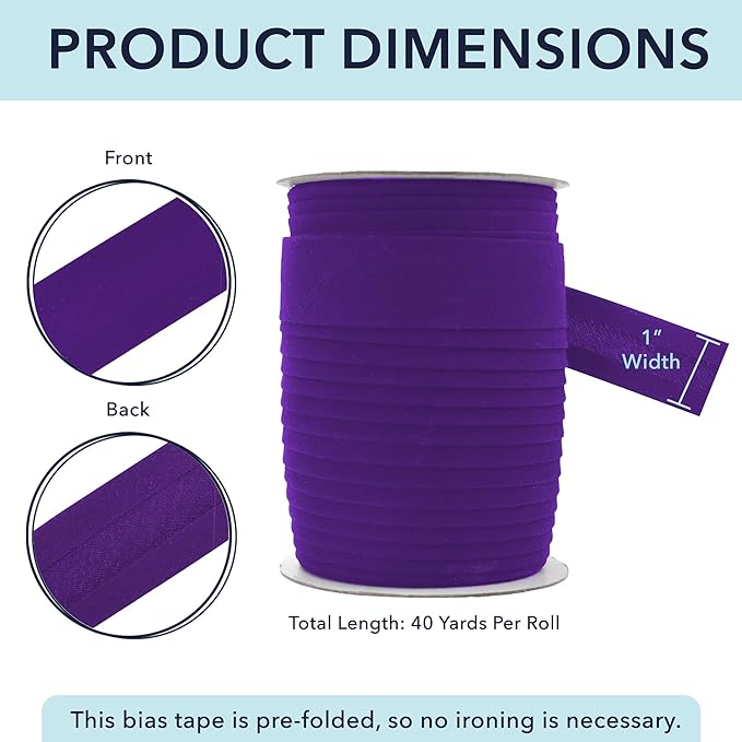 Mandala Crafts 1 Inch Single Fold Bias Tape for Sewing, Quilting, Piping, Hemming, Blanket & Quilt Binding – 40 Yards Purple Fabric Seam Binding Tape