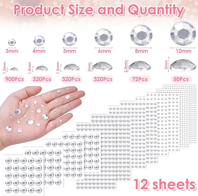 1980Pcs Self Adhesive Clear Rhinestones Stickers, Shynek Stick on Rhinestone Gems face Jewels for Hair, Face, Makeup, Crafts, 6 Sizes