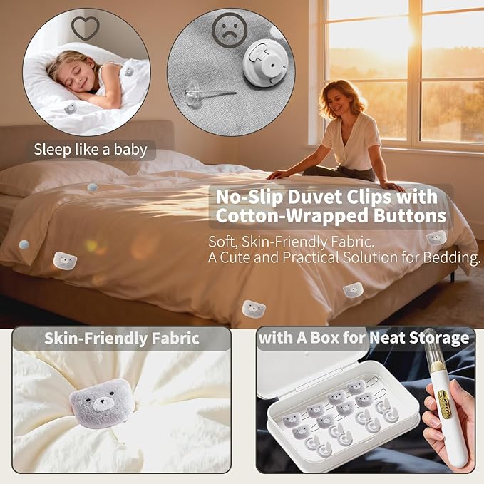 8 Pcs Duvet Clips with Pins Quilt Fixer,Non-Slip Duvet Cover Clips,Duvet Clips to Hold Comforter Inside,No Needles，Bear Pattern(Inc Hook Tool,Storage Box)(Gray)