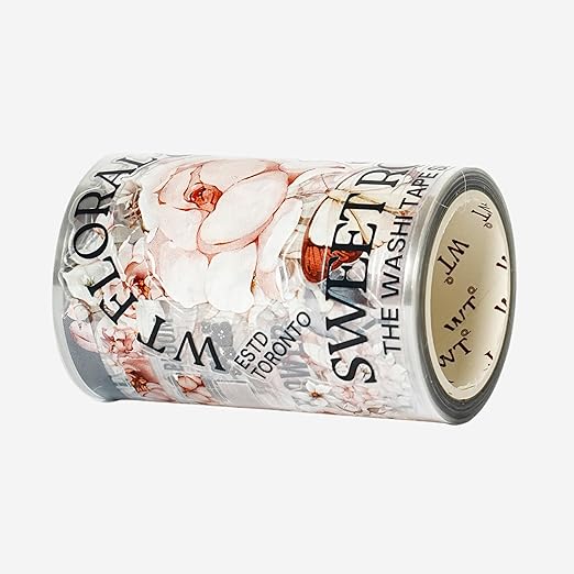 WT Pre-Cut Sweet Rosé Wide PET Tape, Single Roll, Original Designs, Dreamy Rose Motifs & Subtle Handwritten Accents, Decorative Clear Tape for Journaling, Scrapbooking, Planner, DIY Crafts