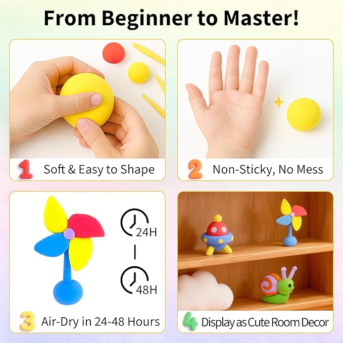 NewFamily Air Dry Clay Kit for Kids – 12 Easy Models, Soft & Non-Sticky Clay with Tools, Safe & Non-Toxic DIY Craft Set for Home, School, Parties & Gifts