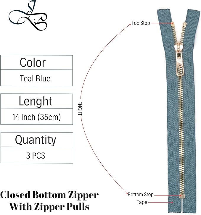#5 Gold Metal Zipper - 50+ Colors - 3 PCS - (4-14 inches) Sizes - Luxury Lightweight Handcraft Metal Zippers with pulls for Purses Bags Pockets Shoes Sewing & Crafts DIY ZP023714